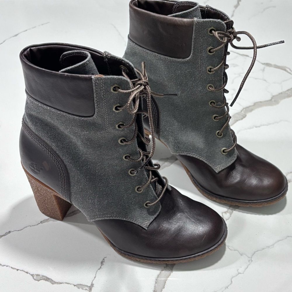 Timberland Glancy Grey Burgundy Leather Block Heeled Lace up Boot Women's 10